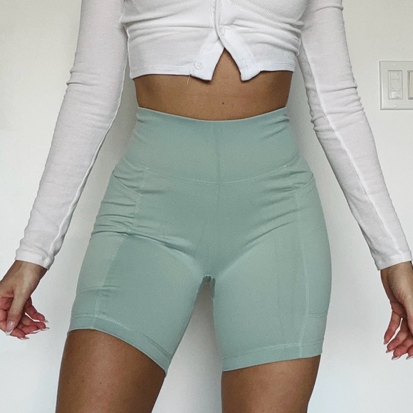 Bo + Tee Pants - High-Rise Sage Green Women’s Bike Shorts with Sculpting Waistband